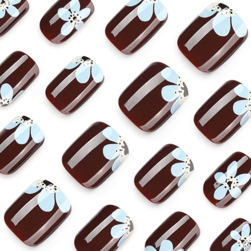 Dark Red Press on Nails Short Square Fake Nails Blue Flower False Nails - color: Style33