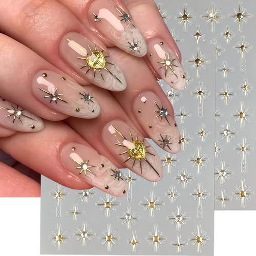 6 Sheets Star Nail Stickers for Nail Art, Shiny Crystal Diamond Stars Heart Silver Gold Self-Adhesive Nail Art Stickers Decals Design Everyday Salon Nail Art DIY Decoration Supplies for Women - style: Stars
