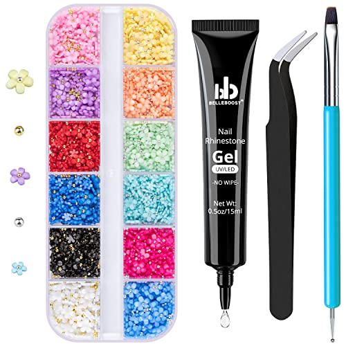 Nail Art Rhinestone Glue Gel&Flatback Gems Accessories Kit, 1 Tube of 15ml Rhinestone Gel Glue(UV/LED Needed)+1 Box of Colorful 3D Flowers with Dual end Brush Tool and Tweezer - color: 11 Multicolored Flower, size: 1 pack