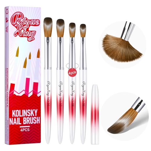 4PCS Acrylic Nail Brush Set, Kolinsky Hair, Oval Crimped Pressed Shaped, Size 6/8/12/16 - Red Metal Handle Professional Manicure Powder Brush for DIY Home Salon - color: A+4pcs Gradient Red Silver, size: 4PCS