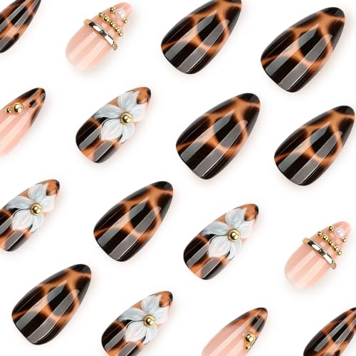 Press On Nails Medium Almond, 3D Flower Tortoiseshell, 24 Pcs - color: 107-Blush Amber Tortoise