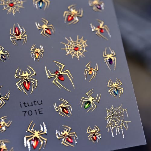 1 Sheet Halloween Nail Stickers 5D Embossed Self Adhesive Spider Web Nail Decals Spider Nail Art Stickers Colorful Gold Relief Spider Nail Designs Goth Halloween Holiday Manicure Supplies for Women - color: Halloween Golden Relief Spider
