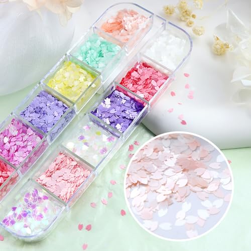 12 Colors Flowers Nail Art Glitter Sequins Cherry Blossoms Nails Accessories 3D Holographic Petal Nail Glitter Flakes Design Acrylic Nail Art Supplies for Women Girls Summer Nail Decoration - color: 12 colors