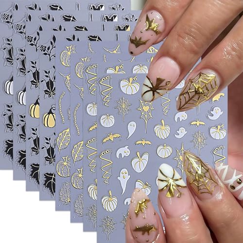 8 Sheets Halloween Nail Stickers Nail Decals 3D Self-Adhesive Glitter Pumpkin Ghost Nail Supplies Gold Heart Spider Web Bat Black Leaf Nails Design Nail Decor for Halloween Party DIY Manicure Supplies - style: pumpkin