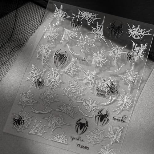 Halloween Nail Stickers for Nail Art Spider Web Nail Art Stickers Cobweb White Black 5D Embossed Nail Decals Self-Adhesive Nails Supply Manicure Sliders for Nails Decoration - color: Halloween Style6