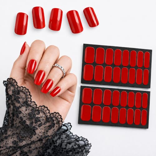 No UV Nail Stickers, 32 Classic Red Nail Wraps, Zero Dry Time - color: Classic Red