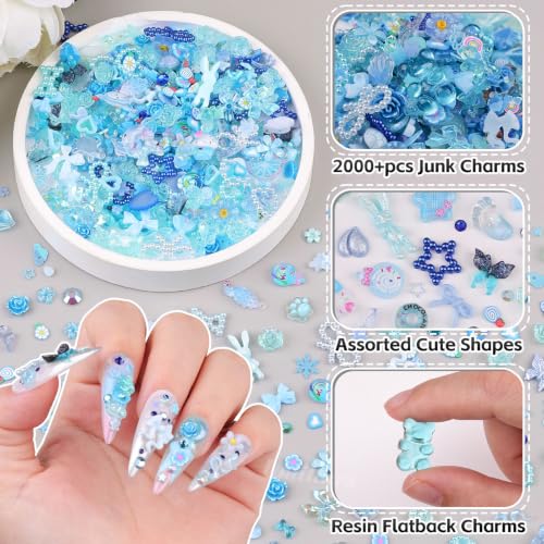 2000Pcs Junk 3D Nail Charms Bulk Y2k Cute Nail Gems for Nails Design Kit - color: Blue