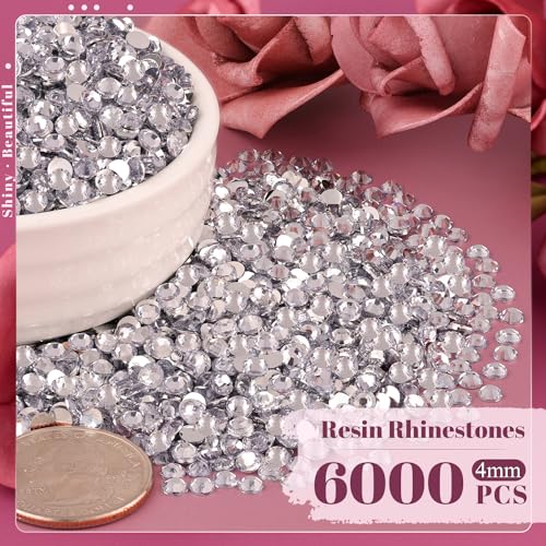 6000PCS 4mm Resin Rhinestones Bulk for Crafting (Clear), Flatback Bedazzling Crystals for Crafts DIY Nail Decoration, Gems Charms for Tumbler Shoes Clothing Fabric with Pickup Pen and Tweezers - color: B01 Resin Rhinestones (Clear), size: 4mm