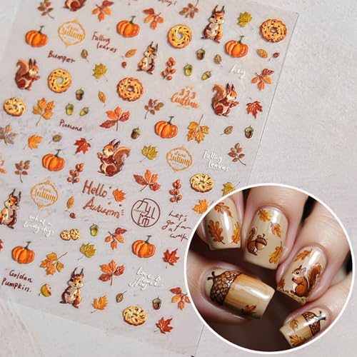 Fall Nail Art Stickers 5D Embossed Leaves Nail Sticker Autumn Squirrel Pine Cones Fallen Leaves Design Nail Decals Maple Leaf Manicure Stickers Accessories for Women DIY Nail Art Decorations - style: Squirrel Pine Cones