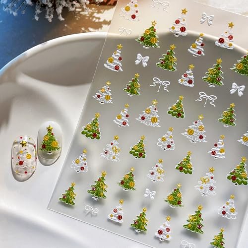 Christmas Nail Stickers for Nail Art Cute Christmas Tree Nail Art Stickers Xmas Winter 5D Embossed Nail Decals 3D Self-Adhesive Nails Supply Manicure Sliders for Nails Decoration - color: Cute Xmas Tree