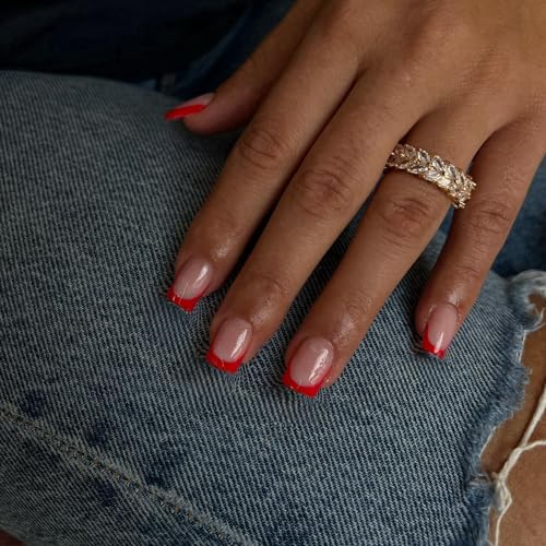 30Pcs Red French Tip Press on Nails Short Square Nails Press ons, Short Fake Nails Coffin Acrylic French Glue on Nail False Nail for Women Natural15 Sizes - color: square red