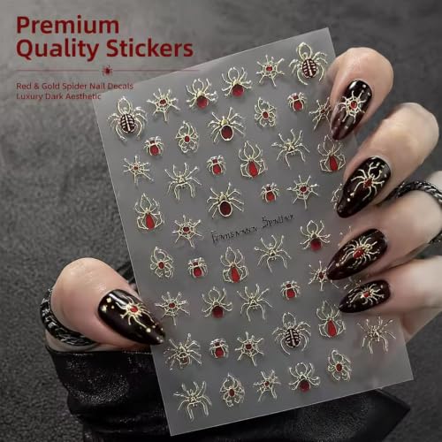 WOKOTO 4 Sheets Halloween Nail Stickers, Spider & Flame Nail Decals in Foil Gold Foil Silver Orange-Red & Blue-Purple, Self-Adhesive Gothic Nail Art Decals for Women Girls Halloween Manicure DIY Nails - color: Spider & Flame