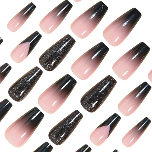 MISUD Press on Nails - Long Coffin Fake Nails with Goth Black, Acrylic Bling Glitter Design 24 pcs - color: 019A05-09Black