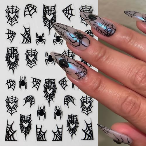 6 Sheets Halloween Spider Web Nail Stickers Spider Nail Stickers for Nail Art 3D Self-Adhesive Ghost Nail Decals Black White Spiders Web Bat Silver Glitter Black French Nails Design Supplies for Women - style: bats