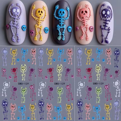 Halloween Nail Art Stickers Skull Nail Art Decals 3 Sheets Colorful Skeleton Bones Skeleton Self-Adhesive Stickers 5D Embossed Skull Nail Decals for Women Halloween Nail Supplies Nail Decorations - color: Halloween Style1