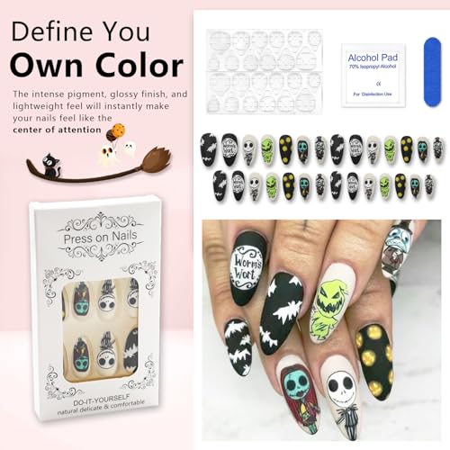 Halloween Press on Nails Almond Medium Length Fake Nails Matte False Nails with Skull Pumpkin Bats Designs Scary Nightmare Before Christmas Nails Full Cover Acrylic Glue on Nails for Women Manicure - color: Style 19