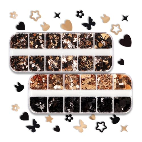 1 Box 2 Color Holographic Butterfly Hearts Nail Glitter Black Gold Nail Sequins 3D Star Flower Nail Flakes Sparkly Powder Flakes Shiny Nail Confetti Rabbits Chunky Glitter for Nails Art 12 Grids - color: Color 38