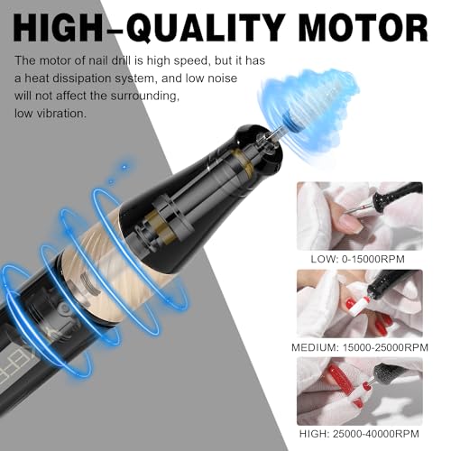 YOKE FELLOW Electric Nail File - Nail Drill Machine for Acrylic Nail Kit with Nail Dust Brush for Dip Powder Manicure Pedicure 40000RPM Rechargeable Nail Drill Gift Set for Women - color: Black