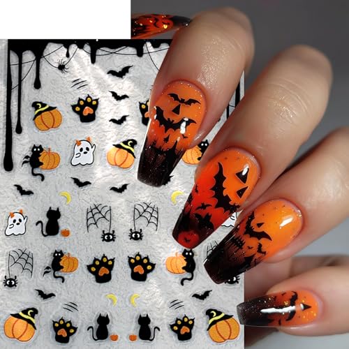 6Sheets Cute Ghost Nail Stickers for Nail Art,Micro-Relief Halloween Spider Nail Decals Pumpkin Cat Heart Spider Web Nail Designs Bat Star Nails Accessories for Women Acrylic Manicure Holiday Supplies - style: ghost