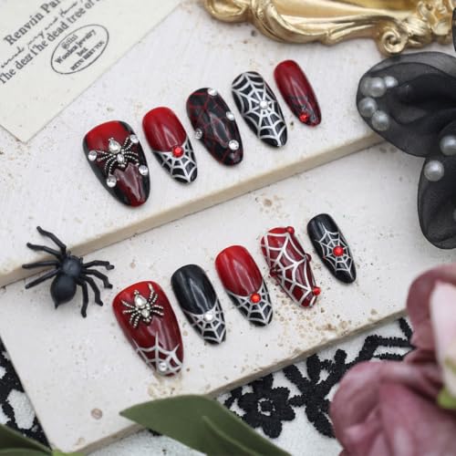 Halloween Press on Nails Medium Almond Gothic Dark Red Fake Nails with 3D Spider & Spider Web Rhinestone Design Spooky Full Cover Glue On Nails Goth Acrylic False Nail for Women Holiday Manicure 30Pcs - color: special Halloween-12