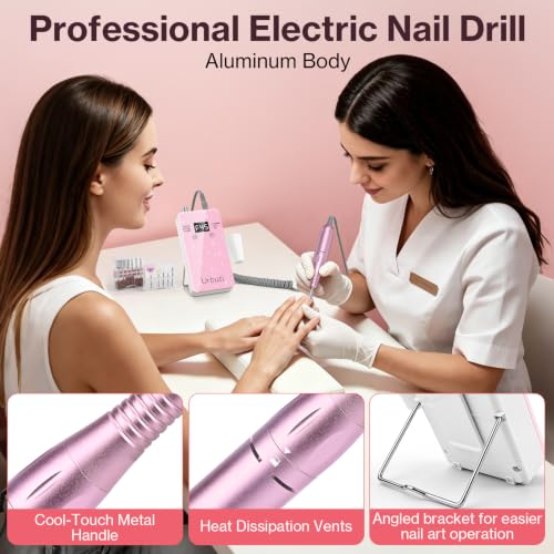 Electric Nail Drill 45000RPM Professional,Glitter Portable E-File Nail Drill Kit for Acrylic & Gel Nails,LCD Display & 4000mAh,Electric Nail File 12 Bits,Manicure Pedicure Kit for Home Salon,Pink - color: Pink