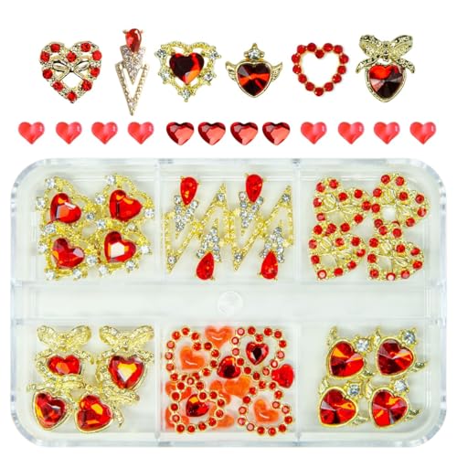 qiipii 36pcs Red Heart Nail Charms Golden Luxury Alloy Valentine Charms for Nails 3D Red Nail Art Rhinestones Gems Gold Crystal Diamonds Jewelry Stones Studs Charms Supplies for Nails Face Eyes Makeup - color: Luxury Charms -Red Heart, size: 1 Box
