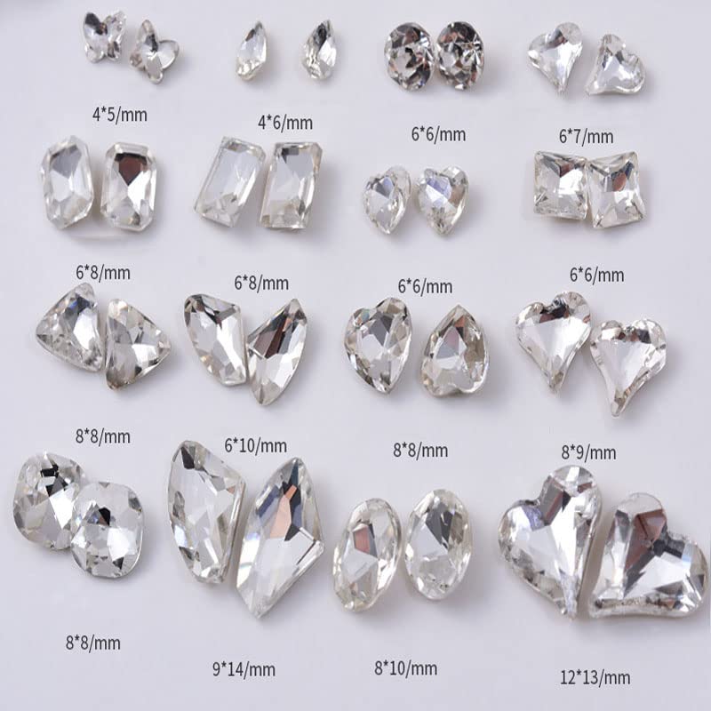 48 Pcs Big Mix Sizes Different Shape Nail Rhinestones 16 Styles 3D Glass Crystals Diamonds Love Distorts Heart Super Shiny Charms Gems Stones DIY Nail Art Decoration Craft Jewelry (White) - color: White