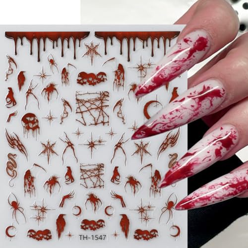 6 Sheets Halloween Nail Art Stickers Self Adhesive Horror Goth Nail Decals Bat Spiders Rose Spider Web Skull Ghost Nails Design Supplies Halloween Nails Decoration for Women Manicure Accessories - style: spider web bat