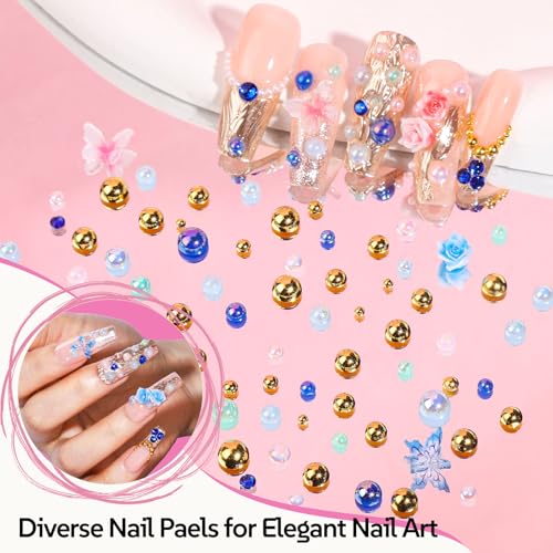 FAMDAMEI Summer Nail Charms, 24 Grids Bedazzling Kit with Rhinestones Ocean Coastal Nail Charms and Gems, 3D Charms Kit with Mermaid Starfish Shell, Gold Pearls Bedazzling Gems for Crafts Nail Art - color: gold pearls shells/white AB pearls starfish/blue