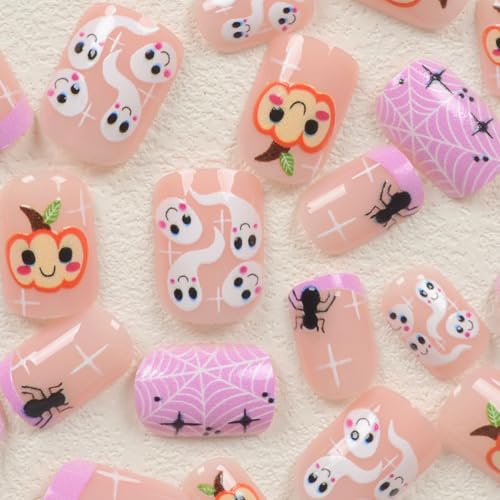 Halloween Pink Press on Nails Short Square Fake Nails Cute Little Ghost Pumpkin Designs False Nails Glossy Halloween Spider Web Bats Acrylic Nails Full Cover Stick on Nails for Women Manicure Decor - color: Style 12