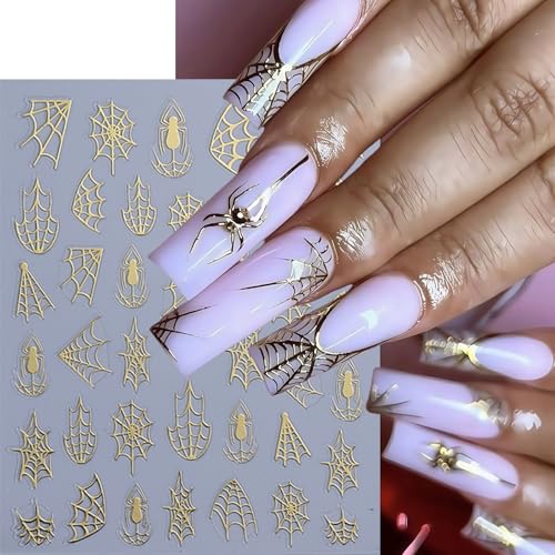 10 Sheets Halloween Nail Stickers for Nail Art 3D Self-Adhesive Spider Nail Decals Spider Web Nail Art Stickers Black White Gold Silver Laser Spider Web Nail Design for Acrylic Women Manicure Decor - style: laser spider web