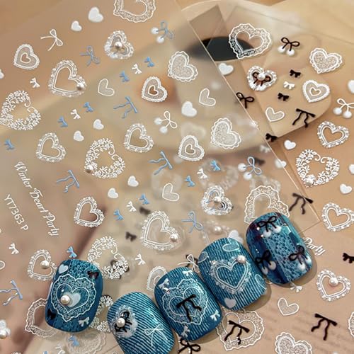 Valentines Nail Art Stickers Black Bow White Heart Nail Decals Charms 3D Self-Adhesive Valentines Day DIY Date Nail Supplies Manicure for Nail Decorations - color: Bow Heart
