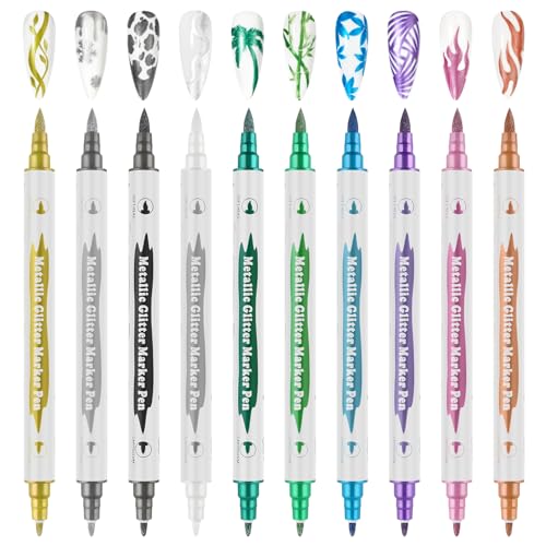 10 Color Metal Giltter 3D Nail Art Pens Set Kalolary Double-ended - color: G