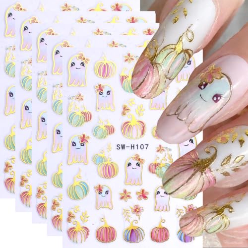 Halloween Pumpkin Nail Art Stickers Gilded Pumpkin Ghost Nail Art Decals 5 Sheets 3D Self-Adhesive Glitter Pumpkins Stickers Colorful Ghost Flower Nail Design for Women Thanksgiving Nail Supplies - color: Halloween Style13