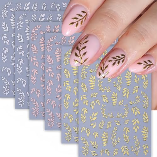 6 Sheets Fall Leaf Nail Stickers 3D Self-Adhesive Leaves Nail Decals Gold Silver Rose Gold Leaf Nail Design Cute Branches Leaves Nail Supplies Fall Winter Nail Accessories for Women DIY Manicure - color: Leaves