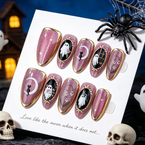 Halloween Press On Nails Medium Almond Fake Nails With Ghost 30Pcs - color: Halloween nails-11