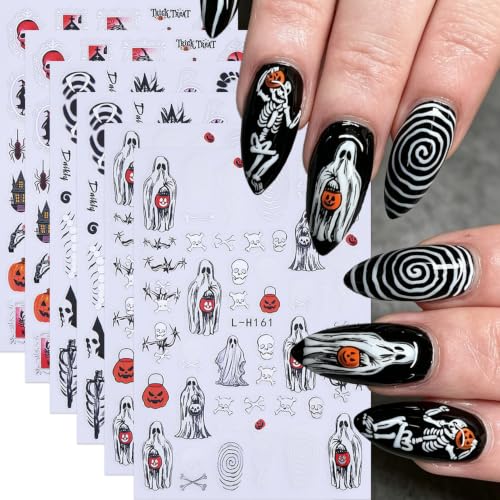 Halloween Nail Art Sticker Pumpkin Ghost Nail Sticker 6Pcs French 3D Self-Adhesive Spider Web Skeleton Spider Castle Nails Decal Witch Skull Nail Supplies Accessories for Halloween Manicure Decoration - color: Ghost Man