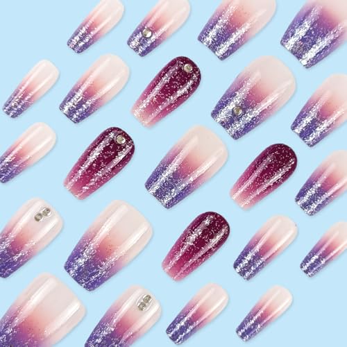 24Pcs Gradient Press on Nails Fake Nails with Rhinestones Glitter Ombre Designs Nails Press ons Purple Glue on Nails Acrylic False Nails Artificial Stick on Nails for Women - color: purple