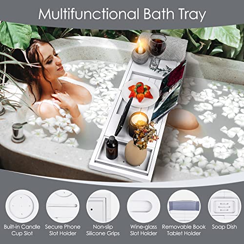 Foldable Bathtub Tray Caddy with Soap Dish Adjustable 29.5-43''White - color: White