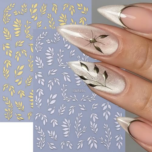 6 Sheets Fall Leaf Nail Stickers 3D Self-Adhesive Leaves Nail Decals Gold Silver Rose Gold Leaf Nail Design Cute Branches Leaves Nail Supplies Fall Winter Nail Accessories for Women DIY Manicure - color: Leaves