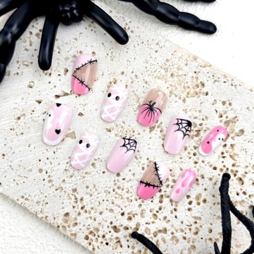 Halloween Press on Nails Ghost Spider Web Short Almond Fake Nails - color: Halloween Press on Nails 07