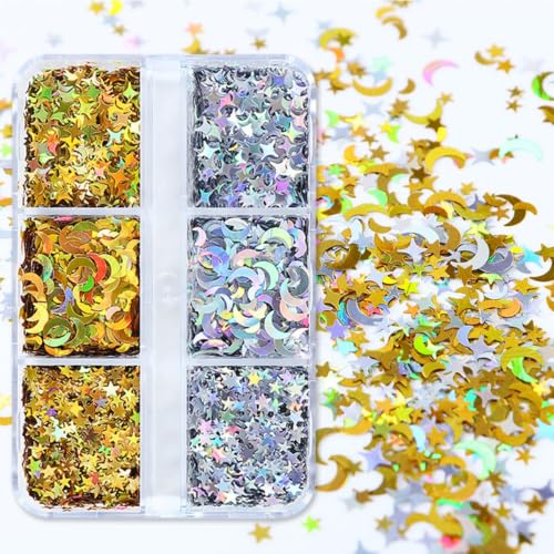 Gold Silver Nail Art Glitter Sequins Star Moon Holographic Nail Flakes - color: Style04