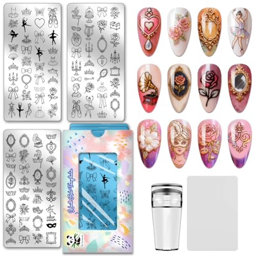 PH PandaHall 104 Patterns Ballet Theme Nail Stamping Plates 3pcs Bows Mirror Nail Design Stencil Crown Rose Nails Image Plates Candlestick Nails Art Stencils for Women DIY Party Manicures Salon Print - style: Ballet Theme
