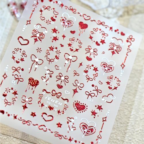 1 Sheet Valentines Nail Stickers for Nail Art Red Heart Nail Stickers 5D Self-Adhesive Embossed Bow Hearts Nail Decals Valentines Day Nail Decorations Star Bow Nail Design Nail Supplies for Women - style: red bow