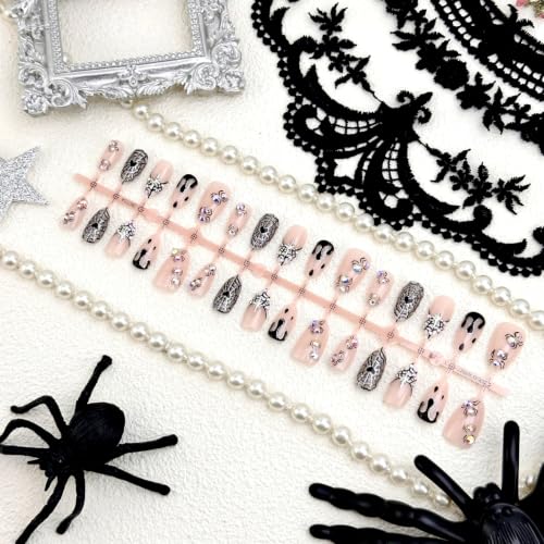 Halloween Press on Nails Medium Almond Fake Nails Spider Web Gothic Art - color: Halloween Press on Nails 02