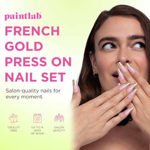 PaintLab Gold Chrome French Tip Press On Nails, Long Square, 30pcs Nail Kit - color: 24K Tips