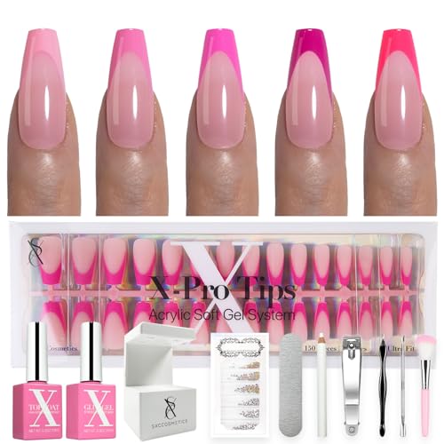 SXC Cosmetics French Tip Press On Nails – 5 Pink Series, Medium Coffin, X-Pro Tips Starter Kit | 150PCS, 15 Sizes, 5 Styles, Beginner-Friendly - color: Pink - M Coffin