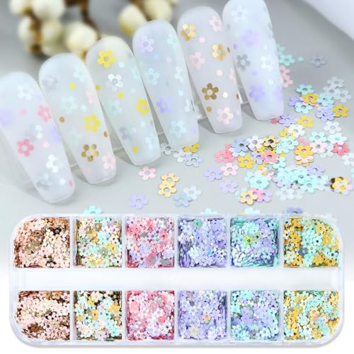 1 Box 6 Color Holographic Flower Nail Glitter Laser Aurora Pink Nail Sequins 3D Blue Purple Nail Flakes Sparkly Powder Flakes Shiny Nail Glitter Colorful Nail Sequins Glitter for Nails Art 12 Grids - color: Color 34