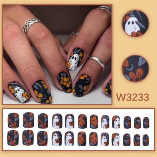 Halloween Press On Nails Medium Square Matte Black Fake Nails - color: Halloween26-Black-9