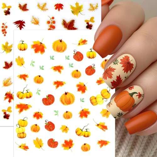 8 Sheets Autumn Maple Leaves Nail Stickers Glitter Pumpkin Nail Decals 3D Self-Adhesive Maple Leaf Nail Art Supplies Fall Ginkgo Leaf Stickers for Nails Thanksgiving Day Women DIY Manicure Decoration - style: ginkgo leaf